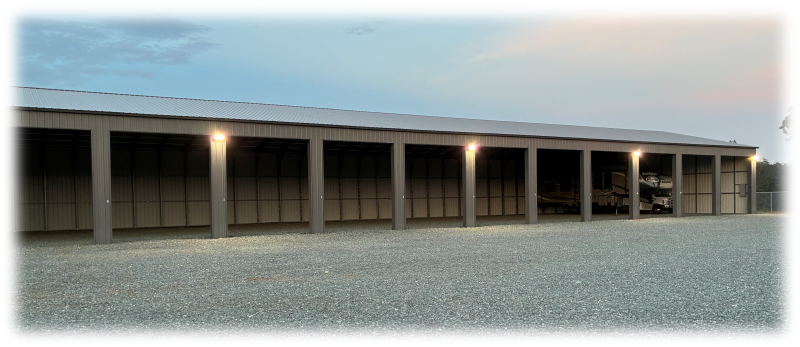 Covered RV and Boat storage in the evening